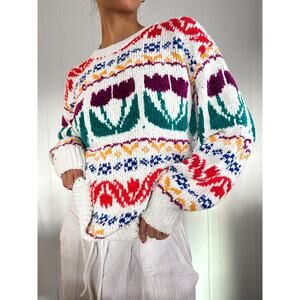 Vintage Hand Knit Sweater with Tulips Women's Large
